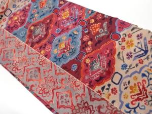 縮緬地型染菱に抽象花葉模様名古屋帯